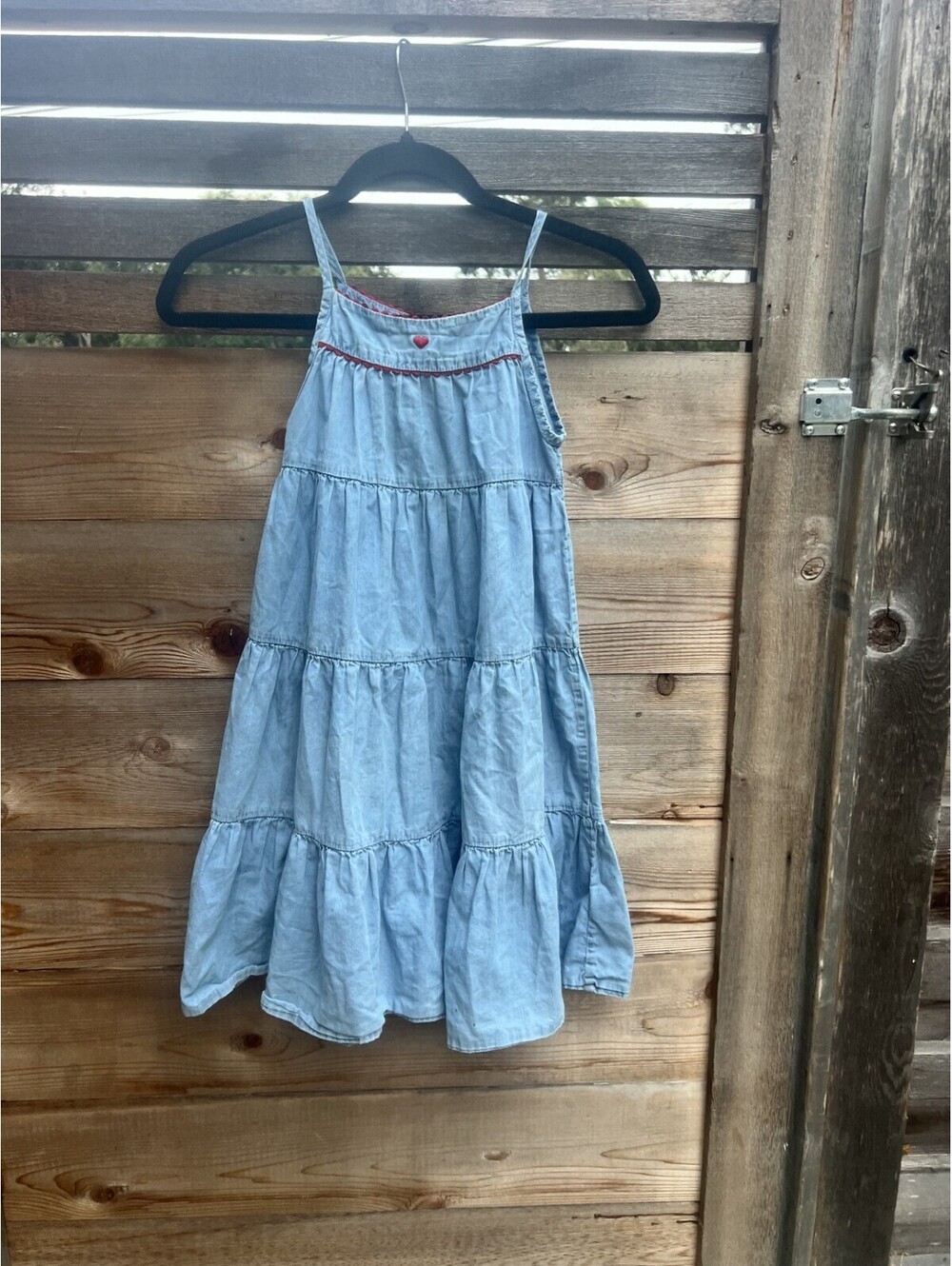 Bonton Paris Girls 6 Light Blue Tiered Denim Sundress Red Heart Rickrack